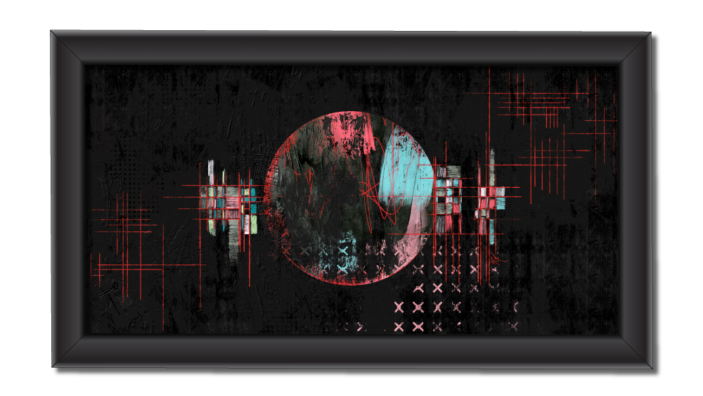 A framed abstract digital artwork featuring a central circular form with a split color paletteâreddish-pink on the left and cyan on the rightâset against a dark, textured background. Red crosshairs and grid lines intersect the circle and extend outward, while pixelated, glitch-like patterns and faded X-marks appear in the lower right. The composition evokes a sense of data corruption, surveillance, or fragmented technology.