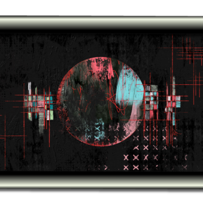 A framed abstract digital artwork featuring a central circular form with a split color palette—reddish-pink on the left and cyan on the right—set against a dark, textured background. Red crosshairs and grid lines intersect the circle and extend outward, while pixelated, glitch-like patterns and faded X-marks appear in the lower right. The composition evokes a sense of data corruption, surveillance, or fragmented technology.