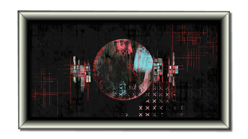 A framed abstract digital artwork featuring a central circular form with a split color paletteâreddish-pink on the left and cyan on the rightâset against a dark, textured background. Red crosshairs and grid lines intersect the circle and extend outward, while pixelated, glitch-like patterns and faded X-marks appear in the lower right. The composition evokes a sense of data corruption, surveillance, or fragmented technology.