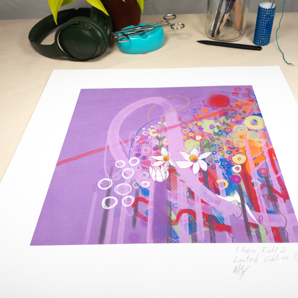 Gicl&Atilde;&copy;e Limited Edition of 1 of Flower Field 2. A whimsical and abstract artwork blends a profile silhouette with vibrant florals and graphic elements. A playful composition bursts with color and texture!