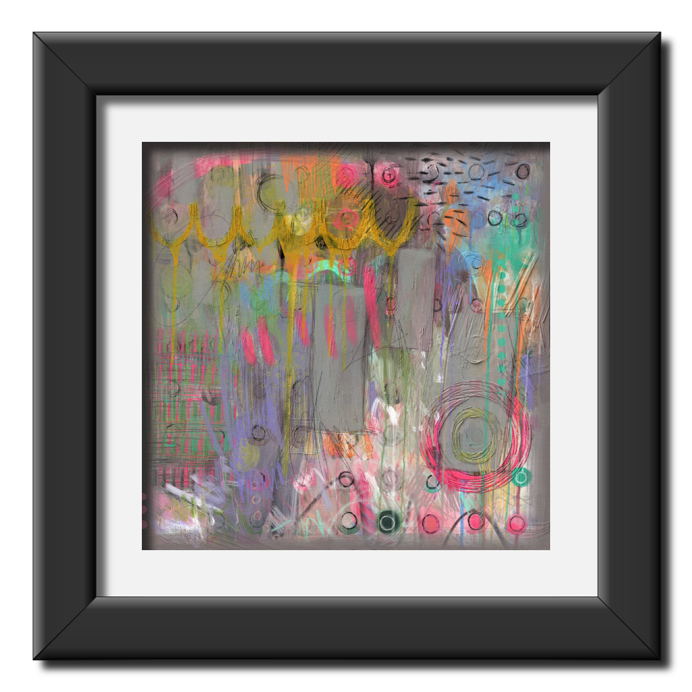 Mockup of An abstract painting titled "Zero Dot Two" by Marie-Claude Asselin. The piece features a muted gray background overlaid with dynamic strokes of gold, bright yellow, pink, and turquoise. Swirling and linear forms create a sense of movement, with a prominent ringed shape on the right side.