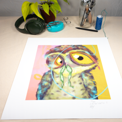 Hugo, Giclée, Limited Edition of 1. Surreal digital artwork: An owl’s face with a figure emerging, layered with asemic writing, in vibrant colors against a patterned background.