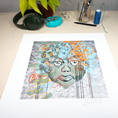 Giclée, Limited Edition of 1 of I Don't Like Mornings! A painting depicts a woman with a disgruntled expression. Her hair is messy and she appears annoyed at waking up early.