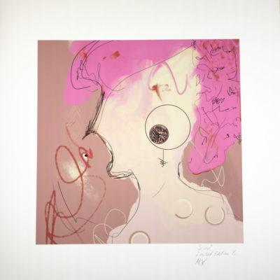 Giclée, Limited Edition of 1 of Secret. An expressive abstract portrait with an emphasis on line and texture, featuring a close-up of the face with exaggerated features and a chaotic, energetic style.