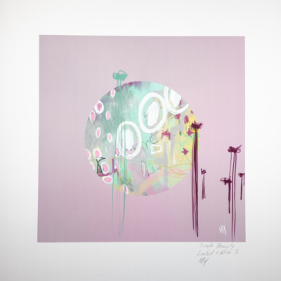 Giclée, Limited Edition of 1 of Simple Necessity. An artwork in a circle pochoire with paint drops. Made of teal, pink, magenta and black.