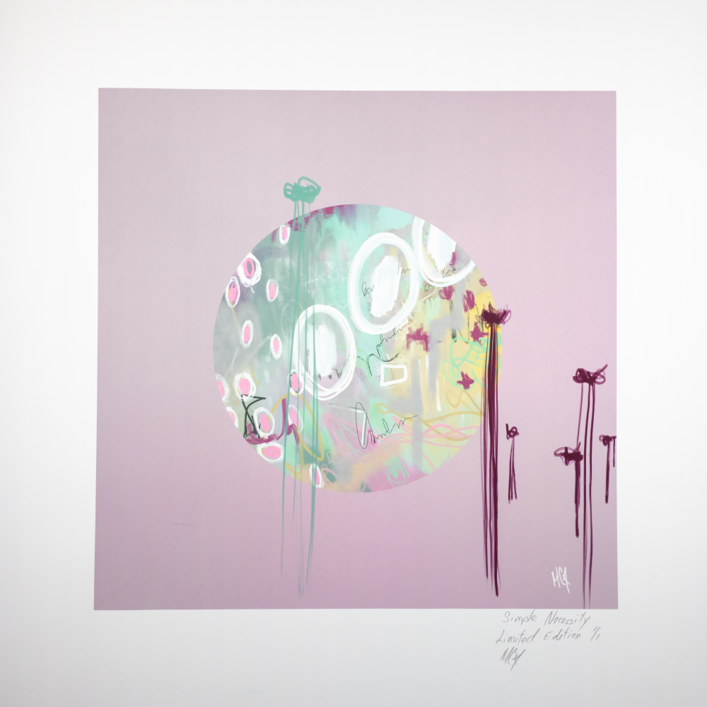 Gicl&Atilde;&copy;e, Limited Edition of 1 of Simple Necessity. An artwork in a circle pochoire with paint drops. Made of teal, pink, magenta and black.
