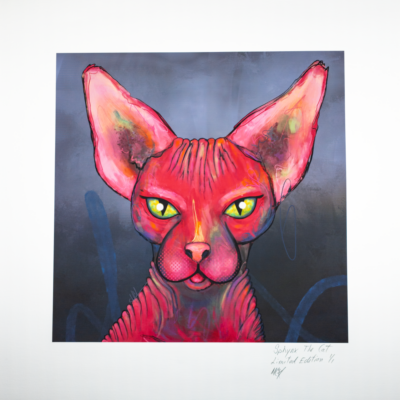 Giclée, Limited Edition of 1 of Sphynx The Cat. Meet Sphynx the Cat, an adorable and playful companion! He has a mischievous side and loves to bring a little joy to your everyday life. He's a loyal friend who will add a touch of personality to your home.