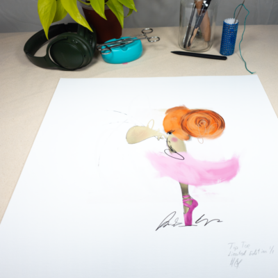 Giclée, Limited Edition of 1 of Tip Toe. Stylized digital illustration of a figure in a pink tutu and ballet shoes, with a large, expressive eye and elaborate hairstyle.