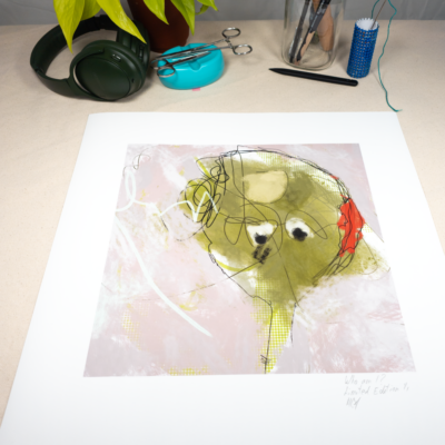 Giclée, Limited Edition of 1 of Who am I? Expressive portrait with a textured green face and a splash of red. Bold lines and a spontaneous feel. A quirky and artistic digital creation.
