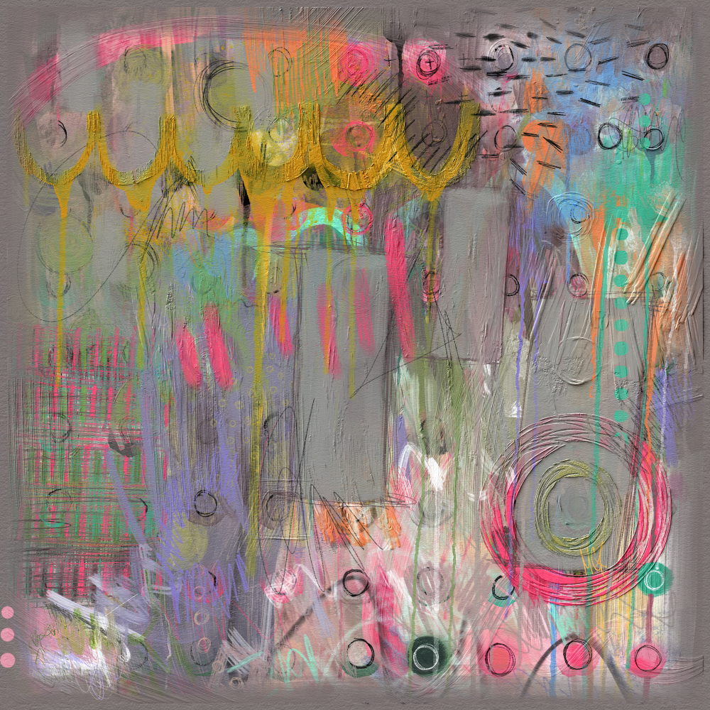 An abstract painting titled "Zero Dot Two" by Marie-Claude Asselin. The piece features a muted gray background overlaid with dynamic strokes of gold, bright yellow, pink, and turquoise. Swirling and linear forms create a sense of movement, with a prominent ringed shape on the right side.